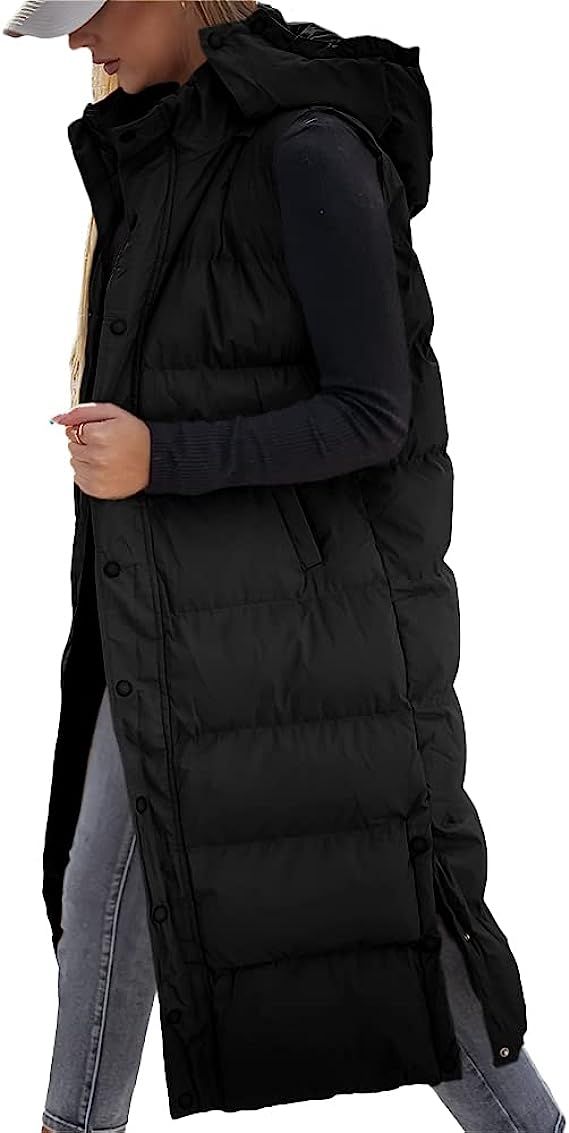 Women's long Quilted Vest hooded Sleeveless Button Down puff vest cotton padded jacket winter coa... | Amazon (US)