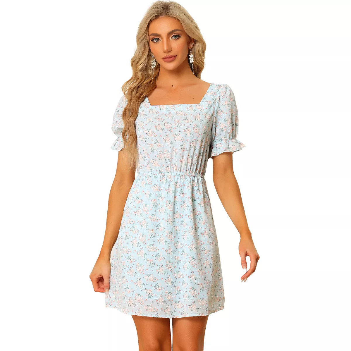 Women's Neck Square Puffy Sleeve Elastic Waist Mini Floral Dress | Kohl's