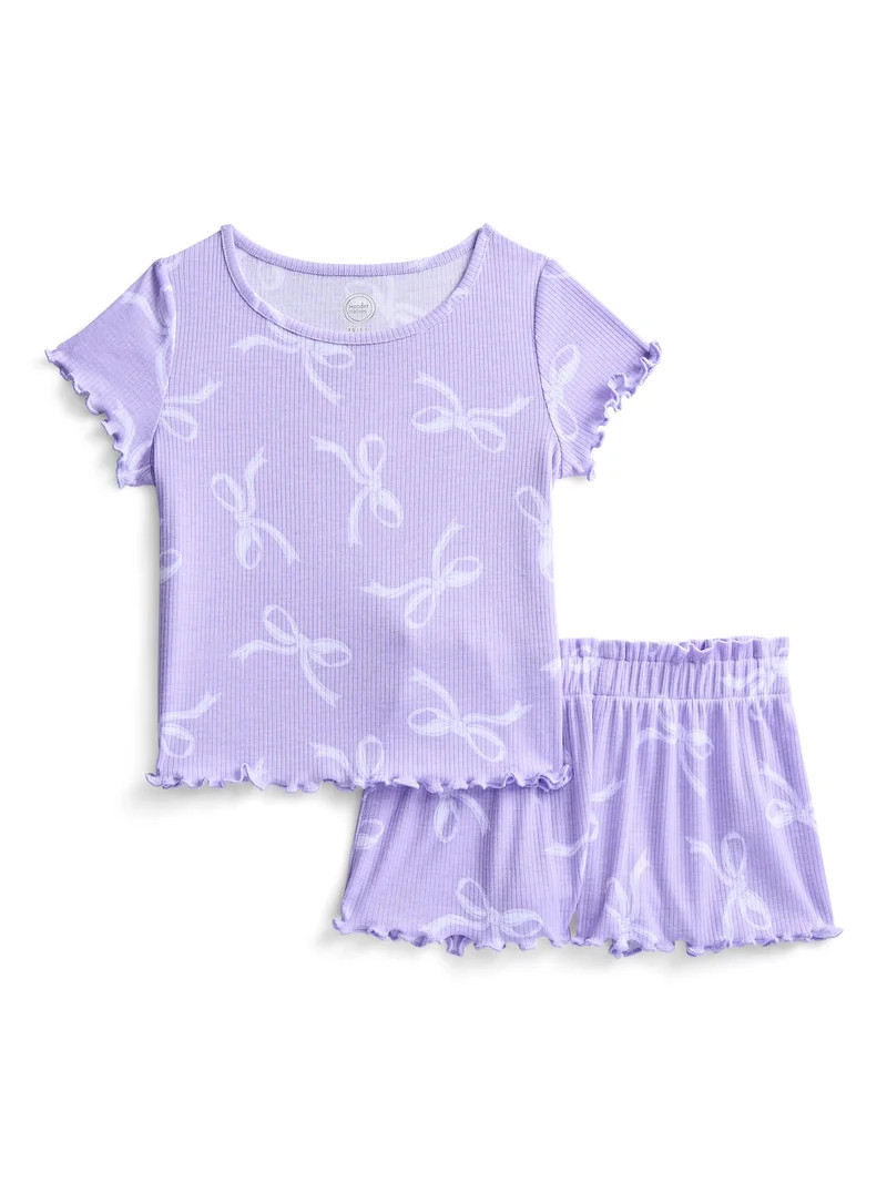 Wonder Nation Girls Ribbed Short Sleeve Top and Shorts Pajama Set, 2-Piece, Sizes 4-18 | Walmart (US)