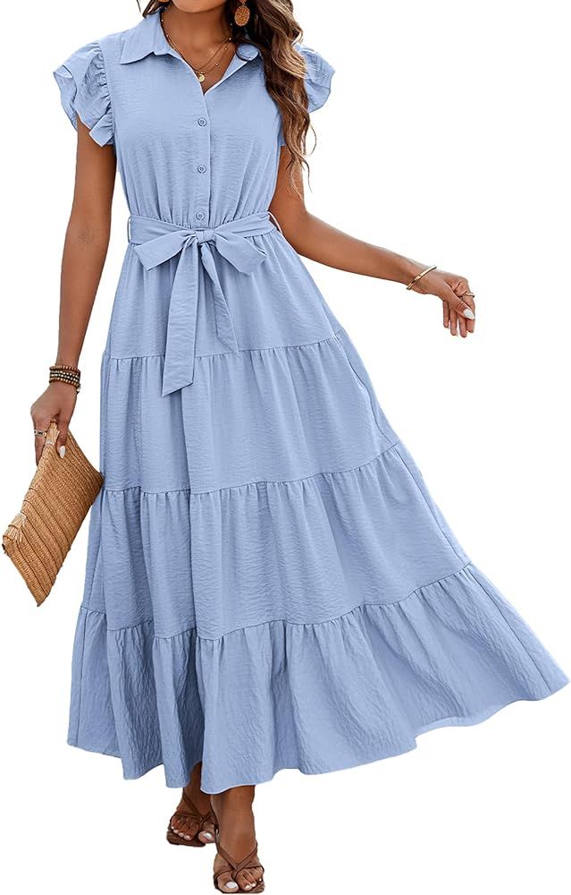 dowerme Women's Summer Casual Dresses 2024 Cap Ruffle Sleeve V Neck Button Belted Tiered Boho Max... | Amazon (US)