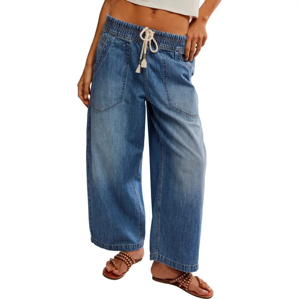Free People Easy Peasy Wide Leg Denim Drawstring Pants in No Problem at Nordstrom, Size X-Small | Nordstrom