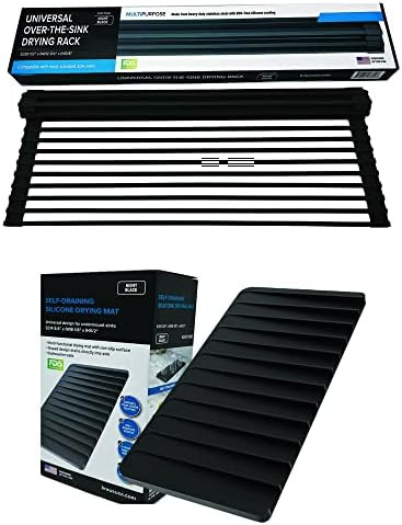 Combo Pack - Premium Multipurpose Black Silicone Extra Large 21 Inch Rolling Sink Rack and Drying Ma | Amazon (US)