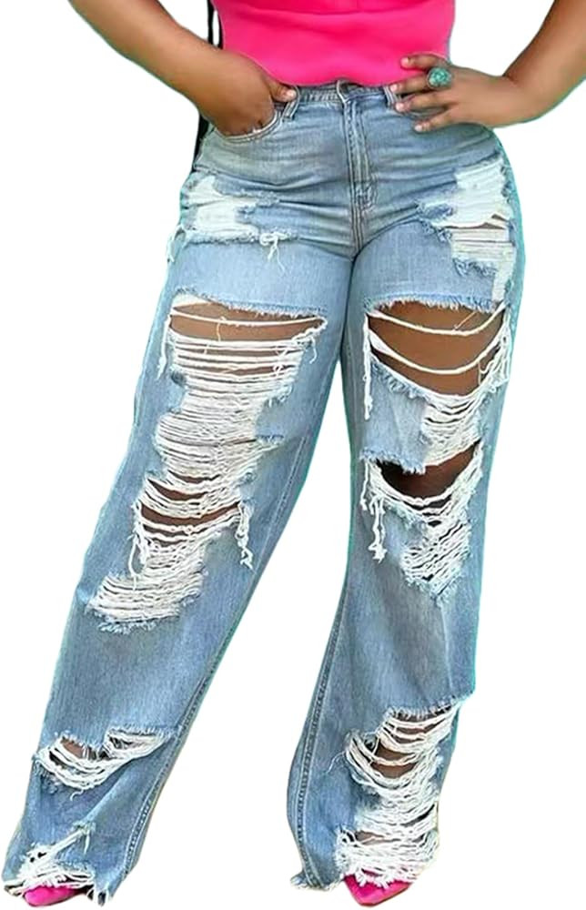 SHINFY Women's Ripped Jeans Distressed Cutout High Waisted Baggy Straight Wide Leg Y2K Denim Pant... | Amazon (US)
