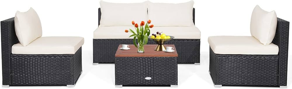 Tangkula 5 Piece Outdoor Patio Furniture Set, Patiojoy PE Wicker Conversation Set with Solid Acac... | Amazon (US)