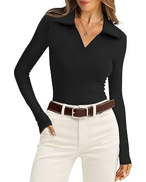 WIHOLL Womens Polo Shirts Long Sleeve Business Casual Tops Collared V Neck Ribbed Knit Sweater Sl... | Amazon (US)