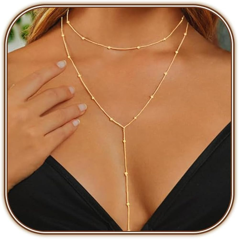 HERIER Lariat Gold Necklace for Women, Dainty Long Necklace 14k Gold Plated/Silver Y-Shaped Layer... | Amazon (US)