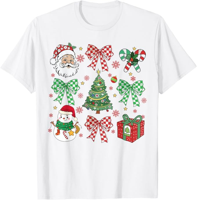 Coquette Bow Santa Snowman Christmas Checkered Print Girly T-Shirt | Amazon (US)