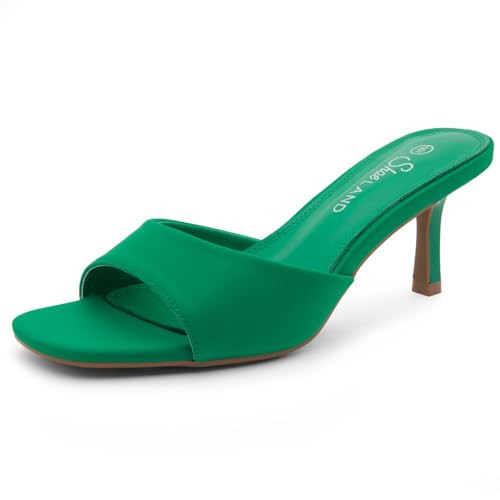 Shoe Land Women's Low Heels Stiletto Heeled Slides, Open Toe One Band Slip-On Heeled Mules – Dressy Heeled Sandals for Prom, Party Wedding and Vacation, Green, Size 11.0, Deverena | Amazon (US)
