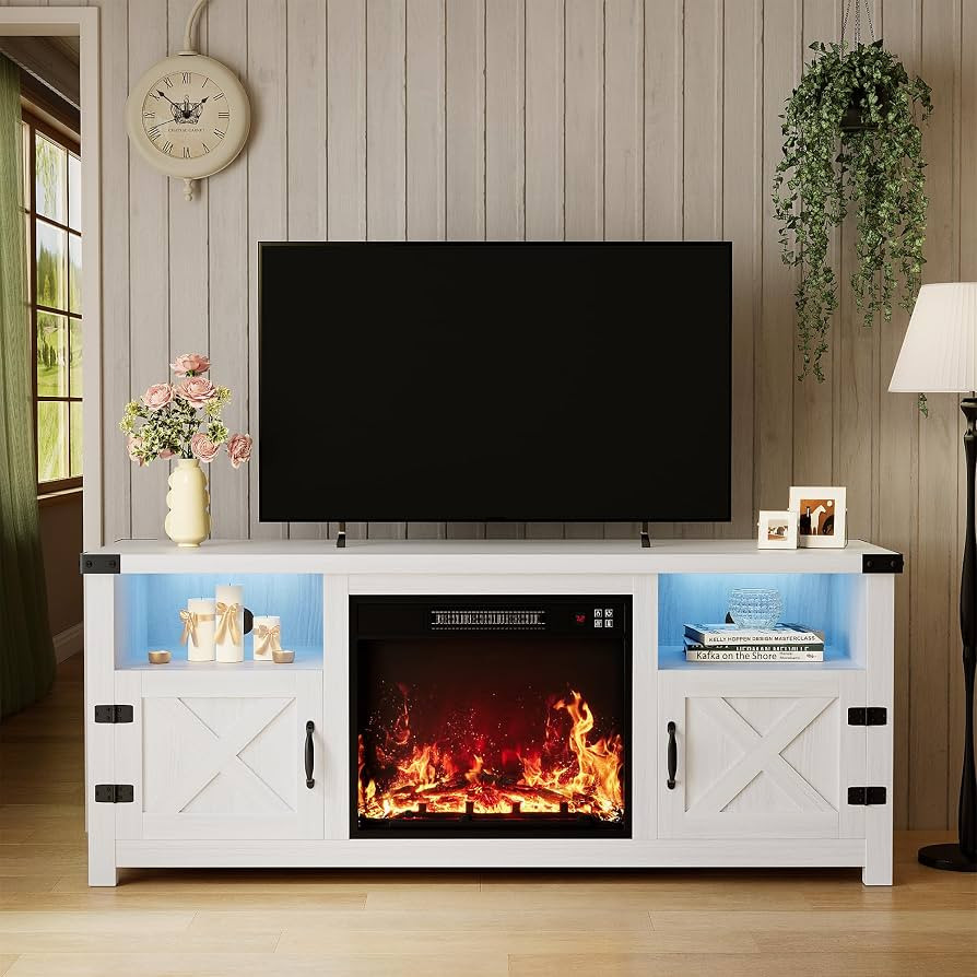 YESHOMY 58 Inch LED Fireplace TV Stand for TVs up to 65 Inch, White | Amazon (US)