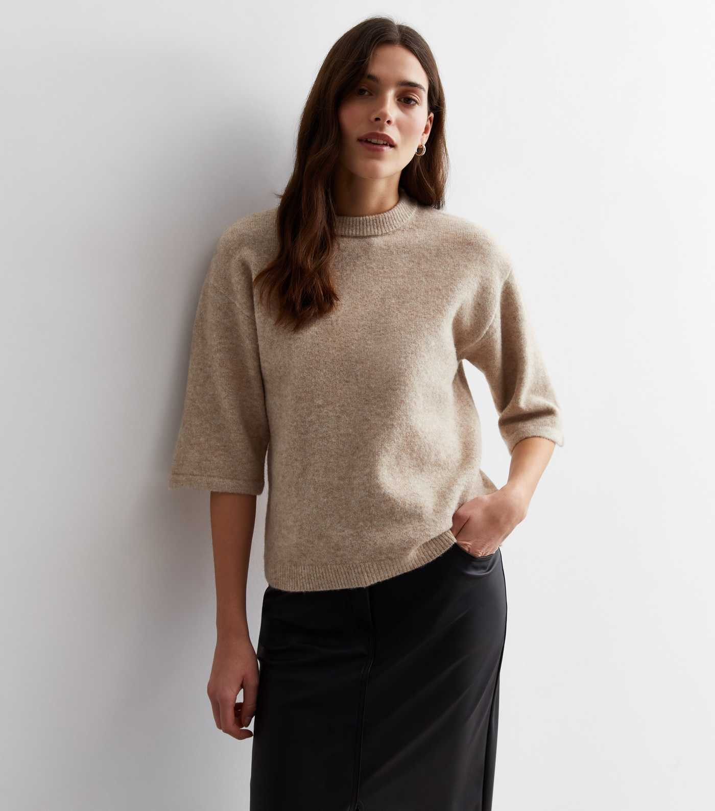 Mink Knit Crew Neck 1/2 Sleeve Boxy Jumper | New Look | New Look (UK)