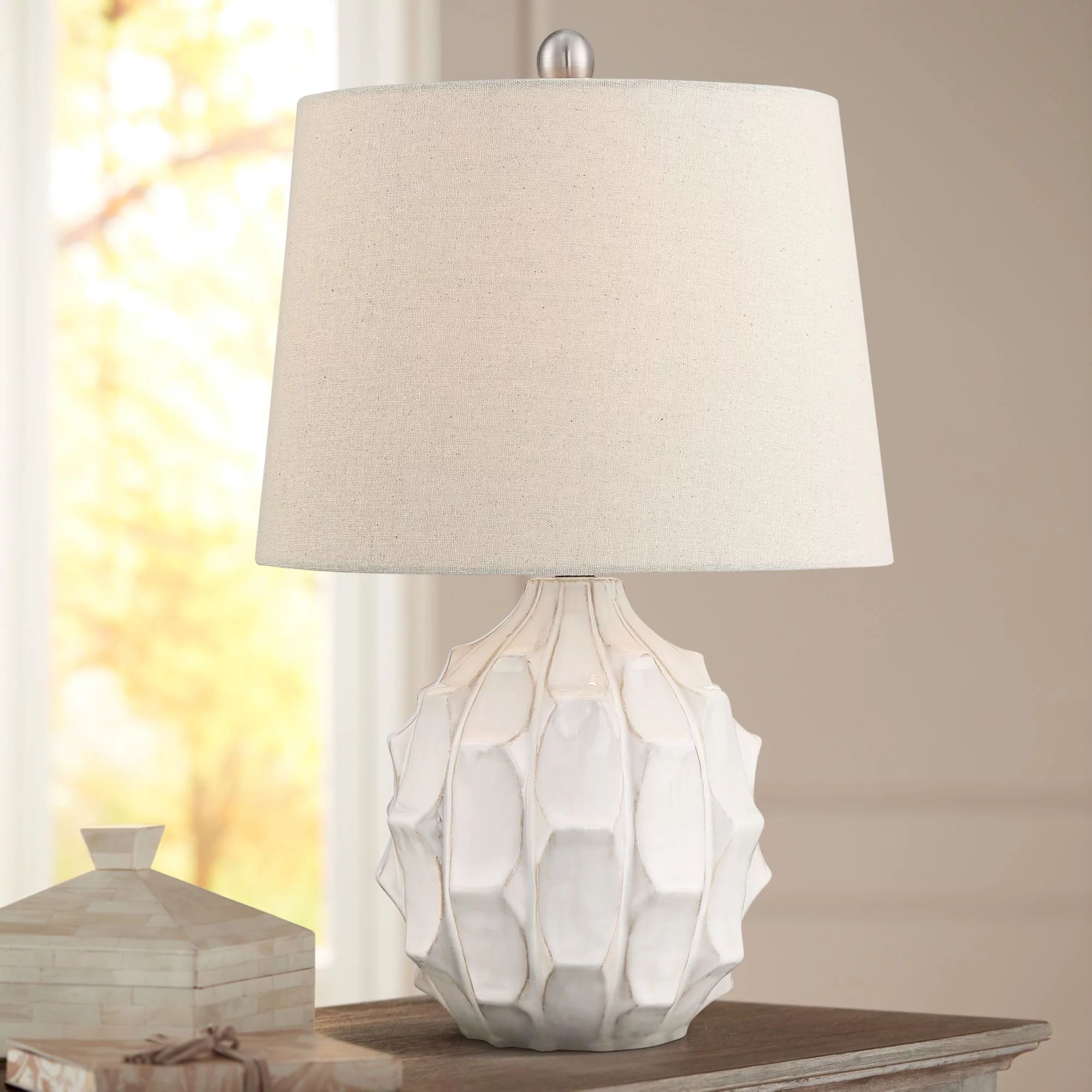 360 Lighting Mid Century Modern Accent Table Lamp White Ceramic Linen Tapered Drum Shade for Livi... | Walmart (US)