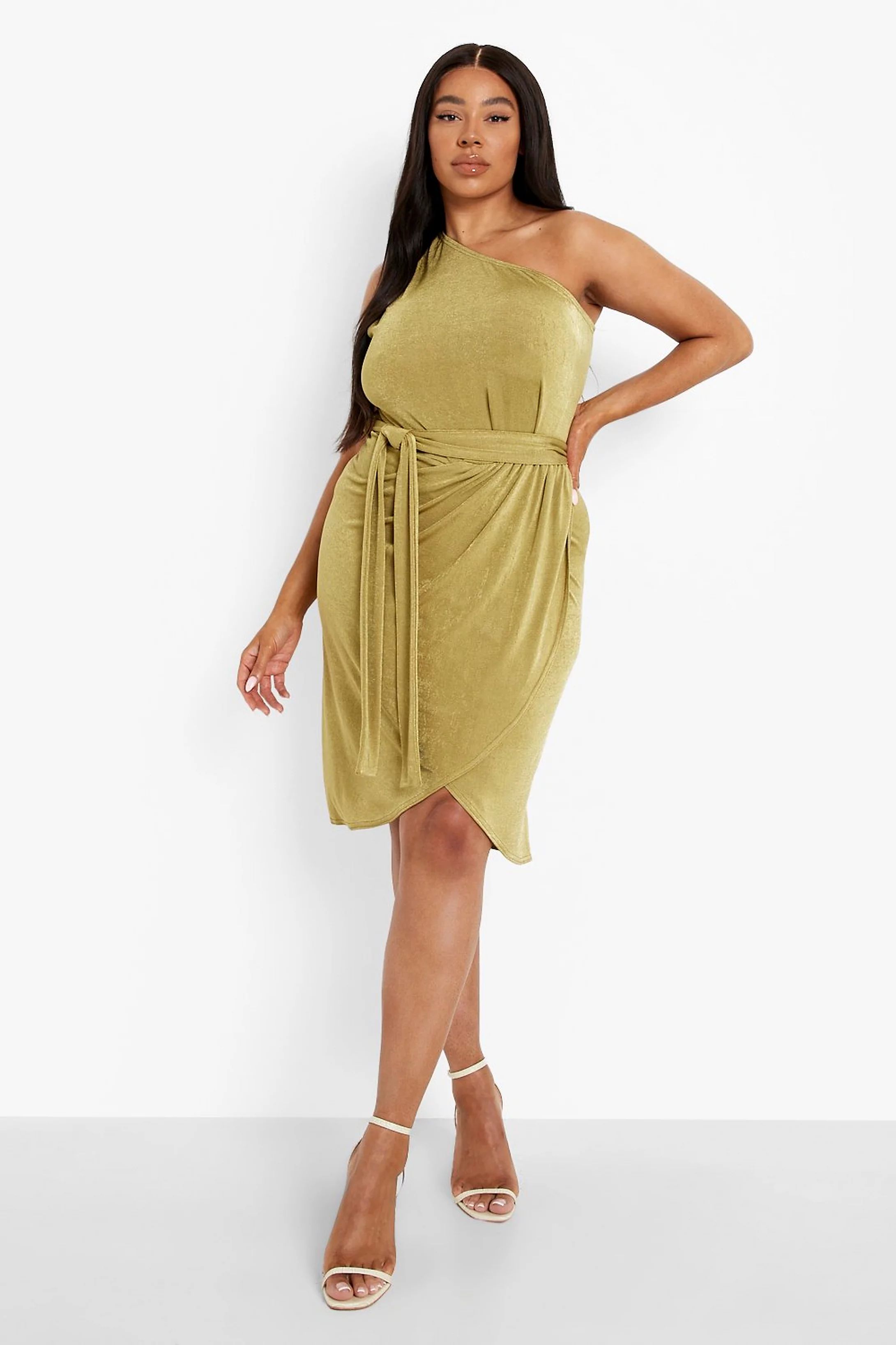 Plus Slinky One Shoulder Wrap Belted Midi Dre | Boohoo.com (US & CA)