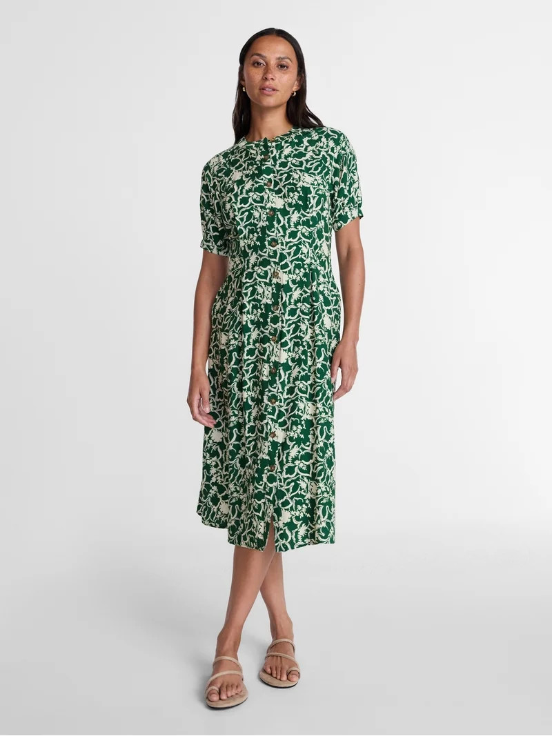 Time and Tru Women's Pleated Midi Shirtdress, Sizes XS-XXXL | Walmart (US)