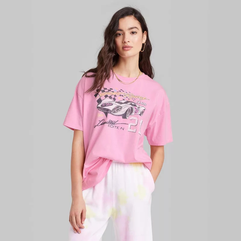 Women's Ascot + Hart Racer Short Sleeve Graphic Boyfriend T-Shirt - Pink | Target