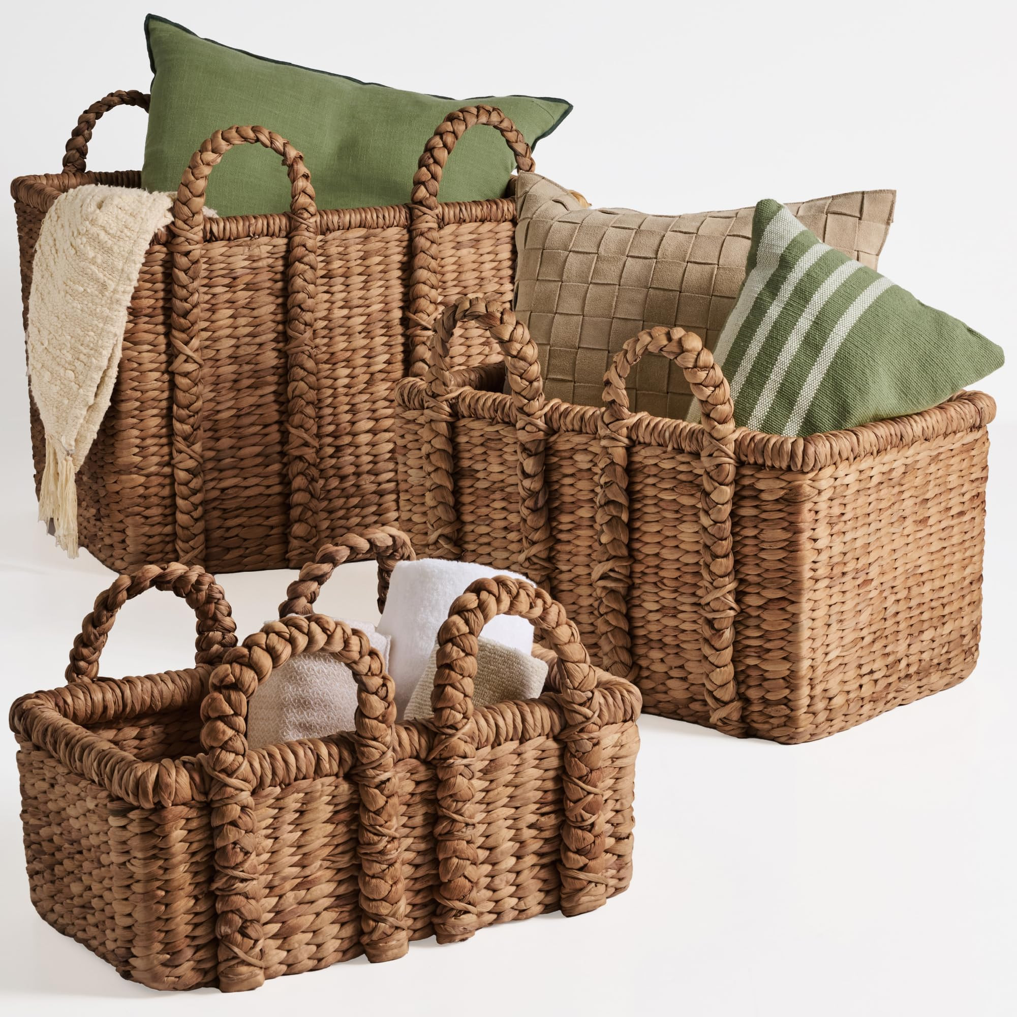Best Choice Products 3Pc Shelf Baskets, Small, Large and XL Chunky Woven Wicker Rattan Storage Baskets w/Braided Handles, Organizer Bins for Blankets, Pillows, Shoes and Toys - Chestnut | Amazon (US)