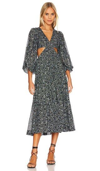 Denise Balloon Sleeve Midi Dress in Black Multi | Revolve Clothing (Global)