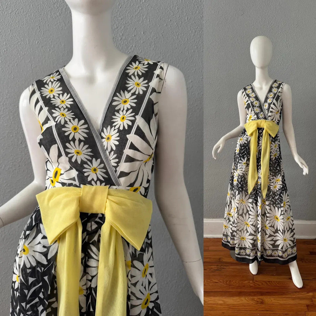 Vintage 60s 70s Mod Daisy Floral Hippie Maxi Party Dress XXS | Etsy (US)