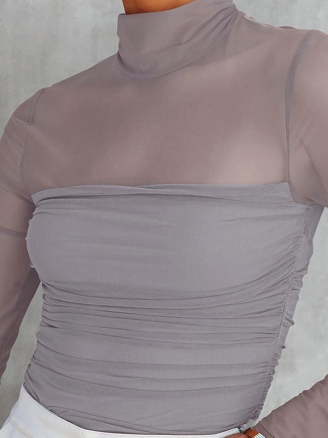 REORIA Women’s Trendy Sexy Mock Turtle Neck Long Sleeve Sheer Mesh Ruched Going Out Bodysuits T... | Amazon (US)