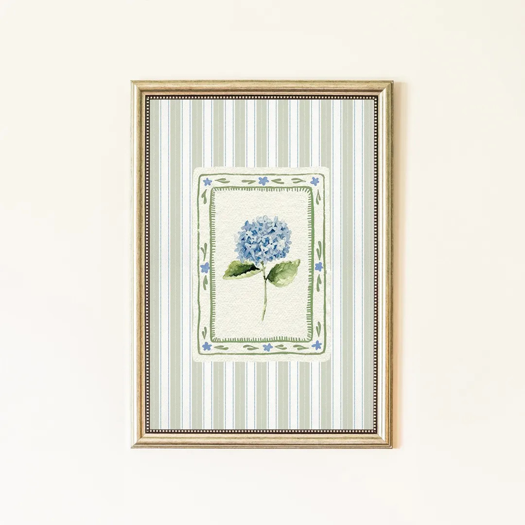 Blue Hydrangea Watercolor Art Print, Modern Southern Floral Green Stripe Wall Art, Grandmillennia... | Etsy (US)