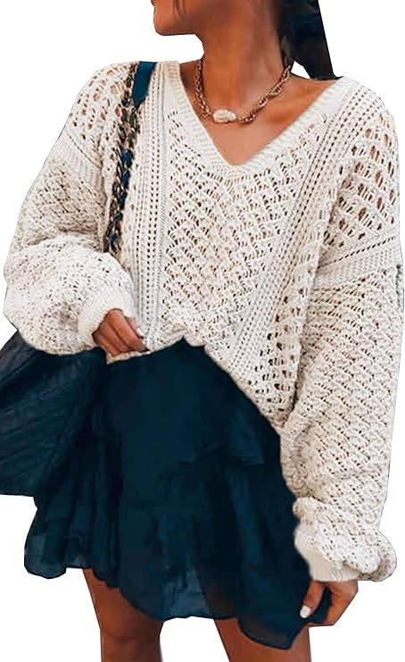 Theenkoln Women's Casual Sweaters Off Shoulder Solid Sexy V-Neck Crochet Knitted Pullover Batwing... | Amazon (US)