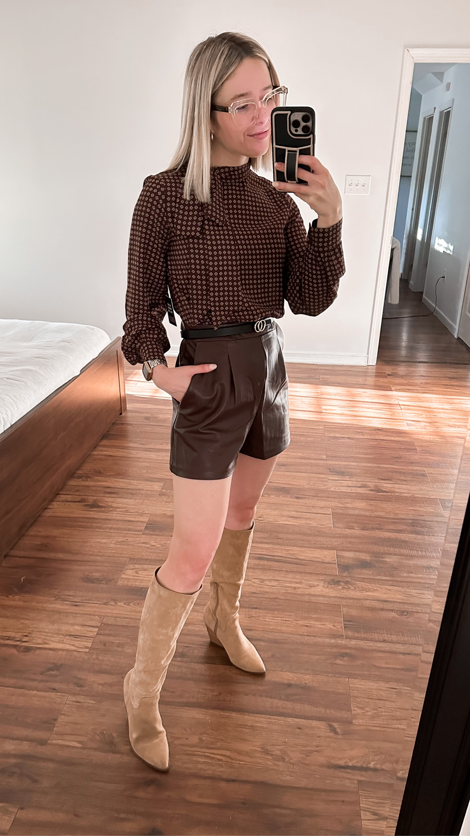 Express Printed Faux Leather Tie Neck Long Sleeve Romper XS TTS 

Wouldn’t actually wear these boots with this (didn’t have a better color to match) but linking the Sam Edelman Sylvia Knee High suede boots I have coming that I would prob wear with it 

#LTKSeasonal #LTKstyletip #LTKworkwear