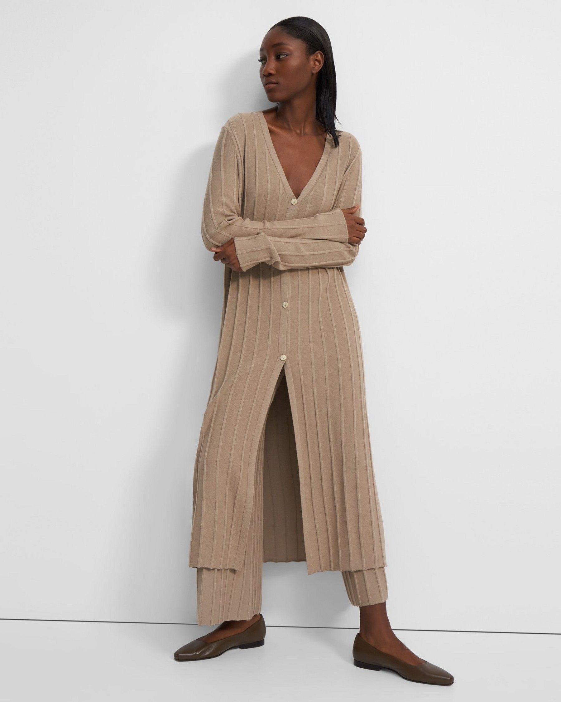 Wide Ribbed Long Cardigan in Empire Wool | Theory