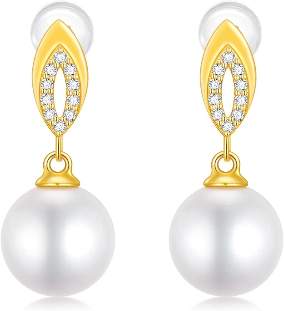 SISGEM 14k Gold Natural Diamond and Pearl Stud Drop Earrings for Women, Fine Jewelry Gifts for Her, 10 MM Freshwater Cultured Pearl | Amazon (US)