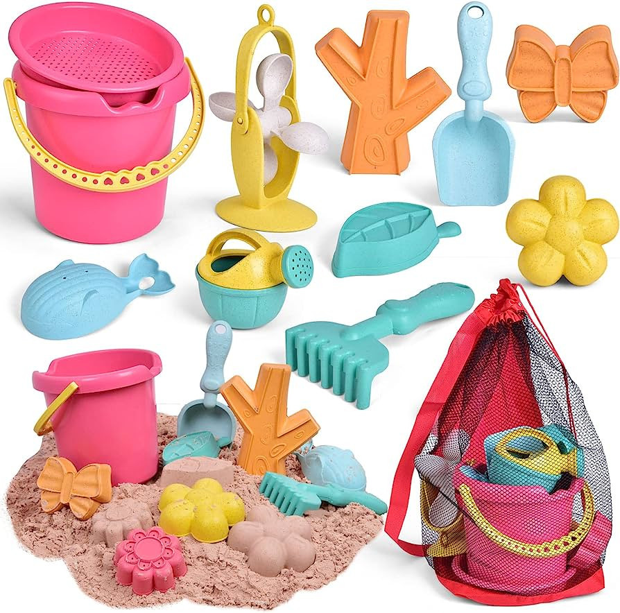 FUN LITTLE TOYS 12Pcs Beach Sand Toys Set with Mesh Bag Includes Sand Buckets, Beach Shovel Tool ... | Amazon (US)