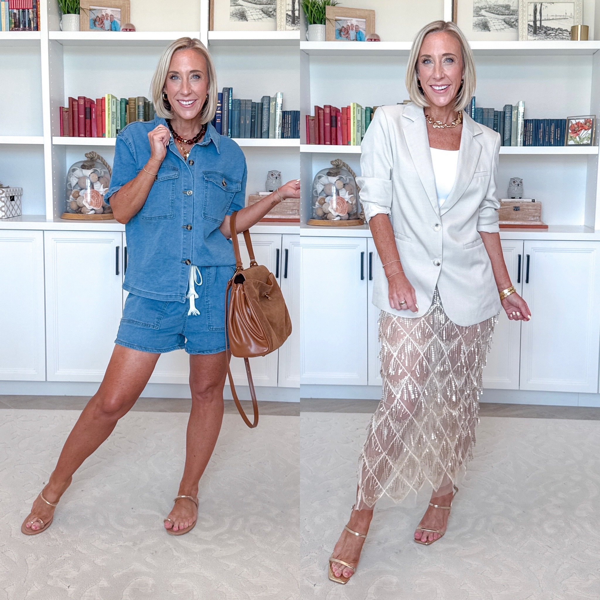 Amazon - random unboxing and style session * Denim 2-Piece Short Sleeve Button Down Drawstring Shorts Set - size small. 2 colors. Suede & Leather Tote Bag. Chunky Beaded Necklace 3. Sequin Fringe Sheer Midi Skirt - size XS. 6 colors. * White Tank - size XS. * Beige Oversized Blazer - size Small. 22 colors.

#LTKSeasonal #LTKOver40 #LTKPetite