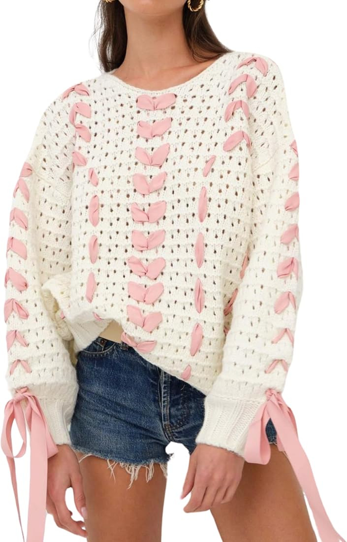 FindThy Women’s Y2K Ribbon Knitted Sweater Cute Long Sleeve V Neck Bowtie Cardigan Jumper | Amazon (US)