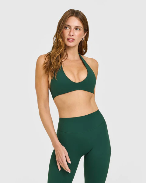 SoftMotion™ Minimal Halter Neck Bralette with White Logo 
 Dark Racing Green | Oner Active (UK / US)