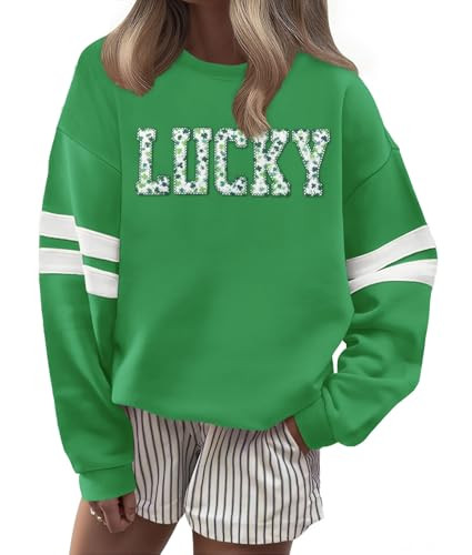 St Patricks Day Sweatshirt Women Luck Charms Embroidered Pullovers Oversized Irish Shamrock Graph... | Amazon (US)
