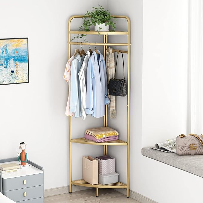 Corner Gold Clothing Racks Freestanding, Gold Metal Coat Racks with Hooks, Heavy Duty Modern Clot... | Amazon (US)
