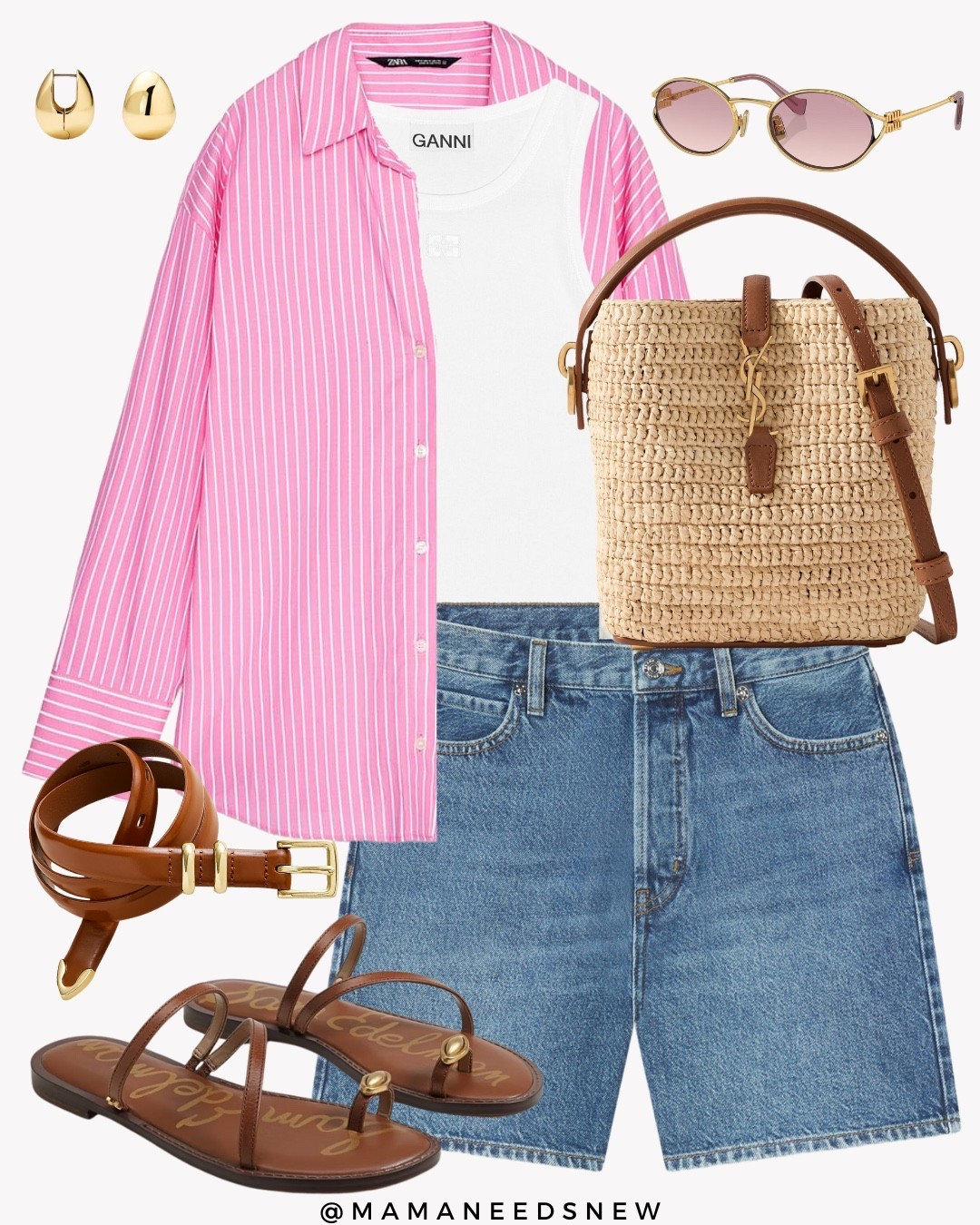 A summer outfit with a striped pink shirt, white tank top, denim shorts, raffia bag & toe ring slide sandals 🩷🌸

#LTKItBag #LTKStyleTip #LTKSaleAlert