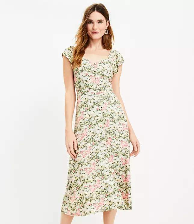 Floral Cap Sleeve Button Midi Dress | LOFT