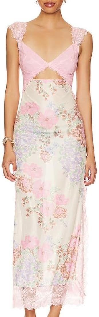 TRURENDI Women Spaghetti Strap Long Dress Ruffled Floral Print Sleeveless Dress Summer Cocktail P... | Amazon (US)