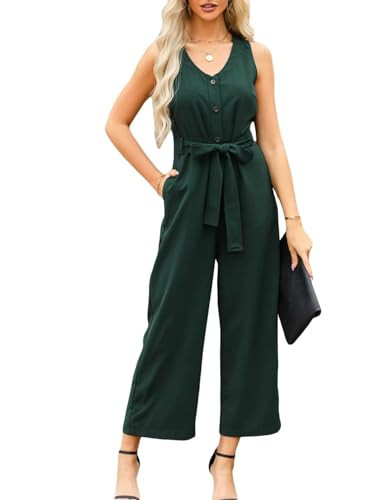 Dokotoo Jumpsuits for Women Casual Loose One Piece Sleeveless Pocketed V Neck Front Button Down Overalls with Belts Moss Green X-Large | Amazon (US)