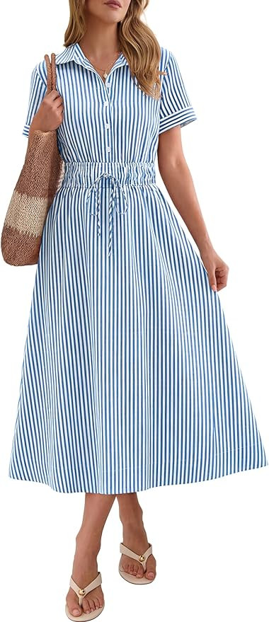 ANRABESS Womens Summer Midi Dress Short Sleeve Striped Plaid Button Collar Shirt Dresses 2026 Cas... | Amazon (US)