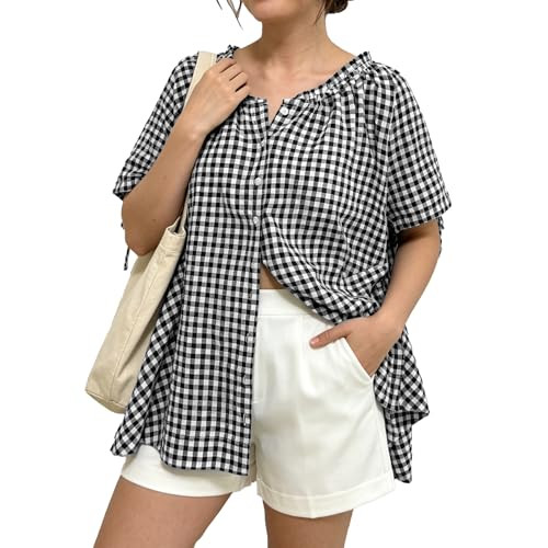 Women Gingham Tunic Casual Short Sleeve Pleated Scoop Neck Button Down Shirts Summer Tops Loose F... | Amazon (US)