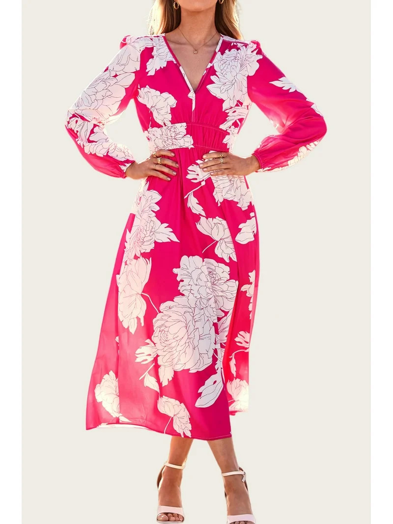 PRETTYGARDEN Women's Spring Floral Midi Dress Casual Fall V Neck Long Sleeve Flowy Beach Wedding ... | Walmart (US)