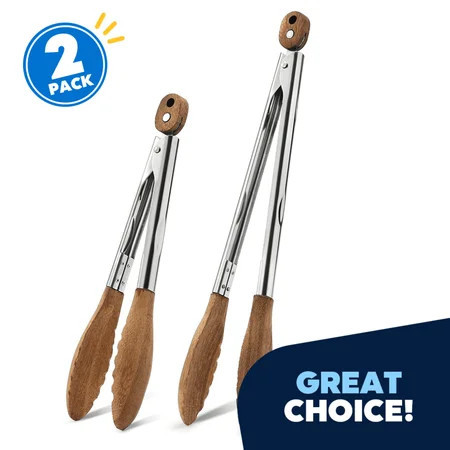 JEEXI Wood Kitchen Tongs Set – Stainless Steel with Acacia Wood Tips, 2-Pack (9” & 12”) – Heat Resistant up to 600°F, Non-Scratch, Locking BBQ & Cooking Tongs for Nonstick Cookware | Walmart (US)