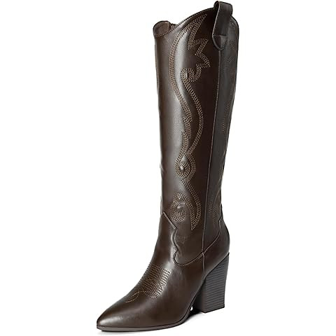 DREAM PAIRS Womens Cowboy Boots Wide Calf Comfortable Pull On Zipper Chunky Heel Pointed Toe Embr... | Amazon (US)