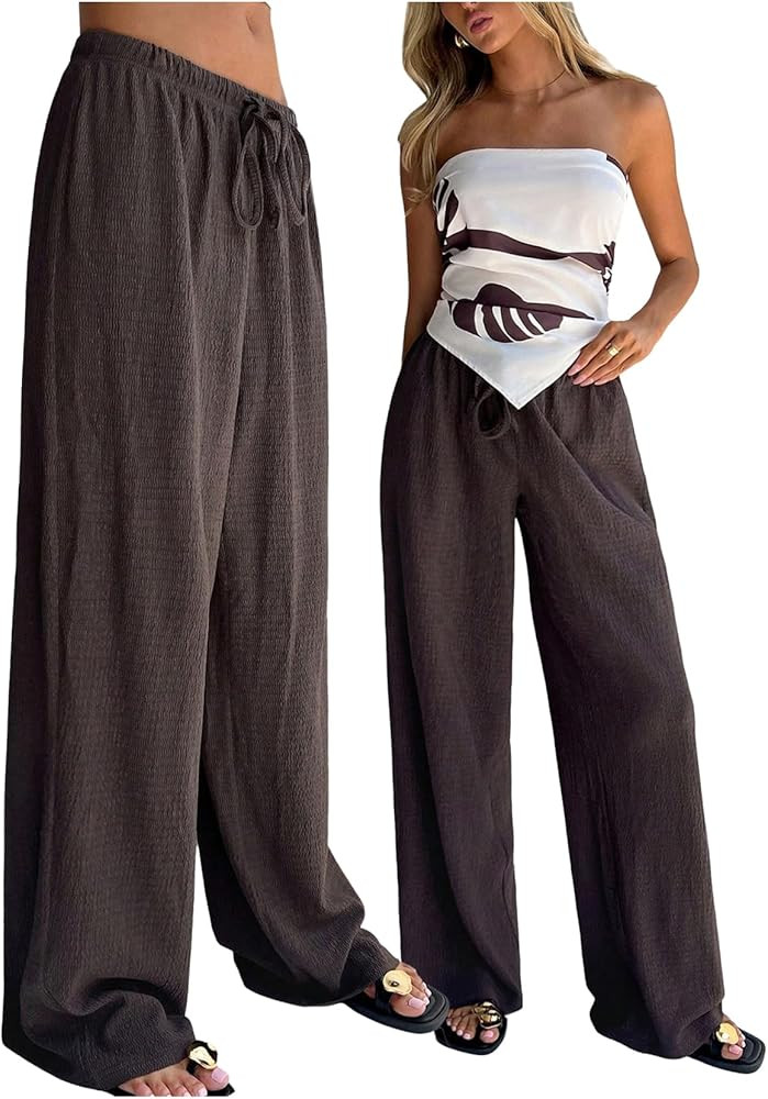 GORGLITTER Women's Linen Flowy Wide Leg Pants 2025 Oversized Straight Loose Baggy Trousers | Amazon (US)