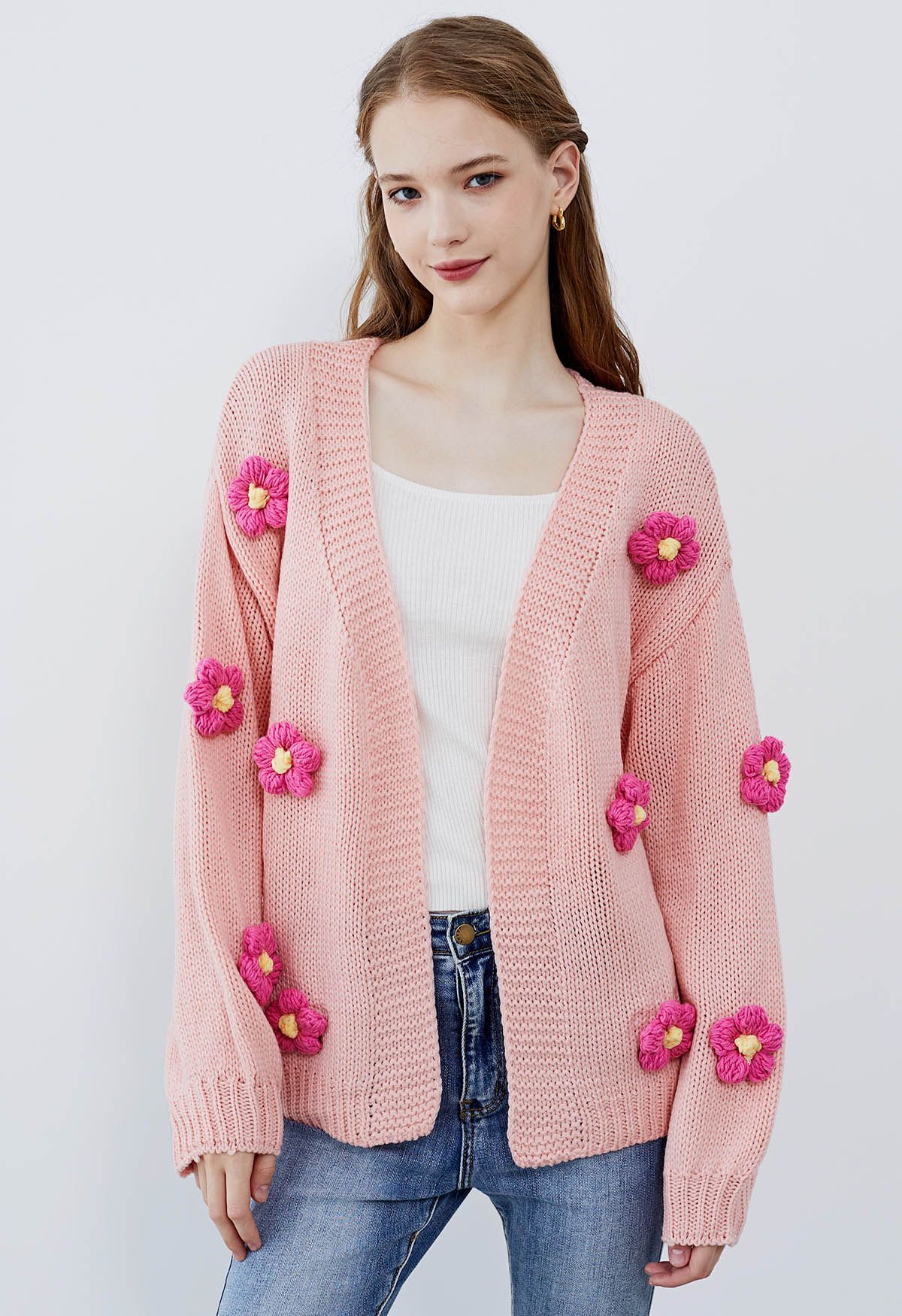 3D Stitch Flower Open Front Knit Cardigan in Pink | Chicwish