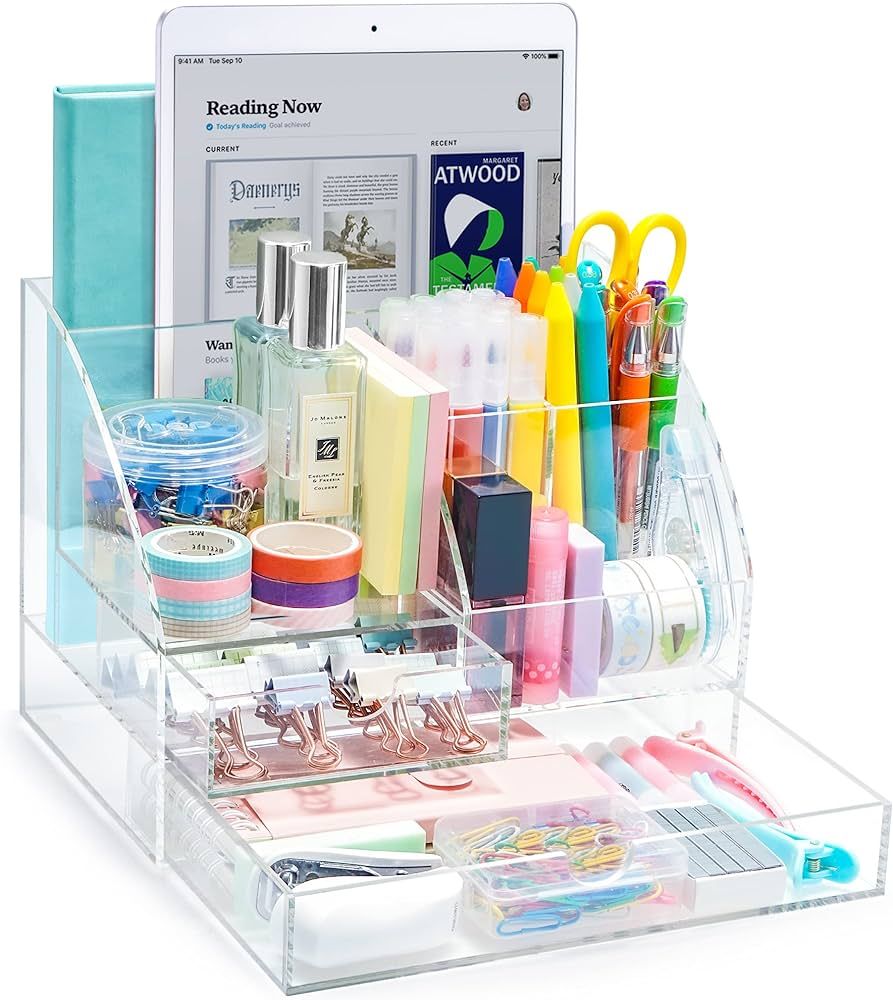 ARCOBIS Acrylic Desk Organizer with 2 Drawers, Clear Office Desktop Accessories Stationery Pen Or... | Amazon (US)