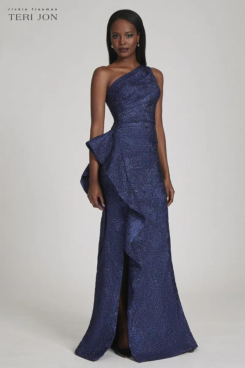 Jacquard One Shoulder Side Ruffle Gown | TERI JON