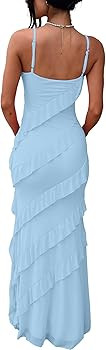 HOCILLE Women's Sexy V Neck Backless Bodycon Spaghetti Strap Elegant Ruffle Maxi Cocktail Party D... | Amazon (US)