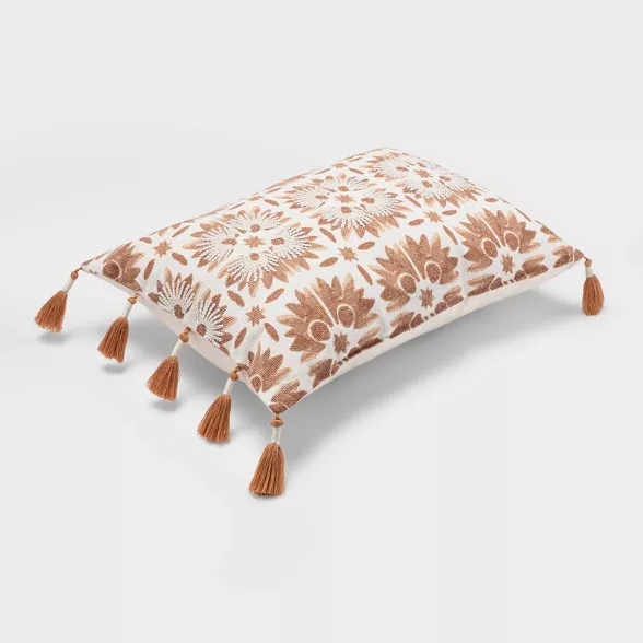Oblong Block Print Tassel Decorative Throw Pillow Warm Blush - Threshold™ | Target