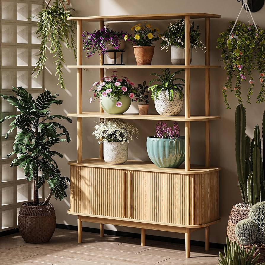 Modern Bookshelf with Sliding Door, 4-Tier Open Display Storage Shelf with Wooden Legs, 63" Mid C... | Amazon (US)