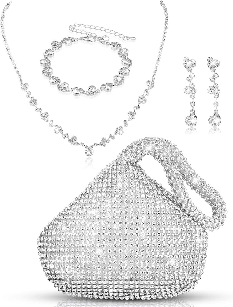 Meanplan 4 Pcs Silver Clutch Purse Jewelry Set for Women Evening Rhinestone Purse Silver Accessor... | Amazon (US)